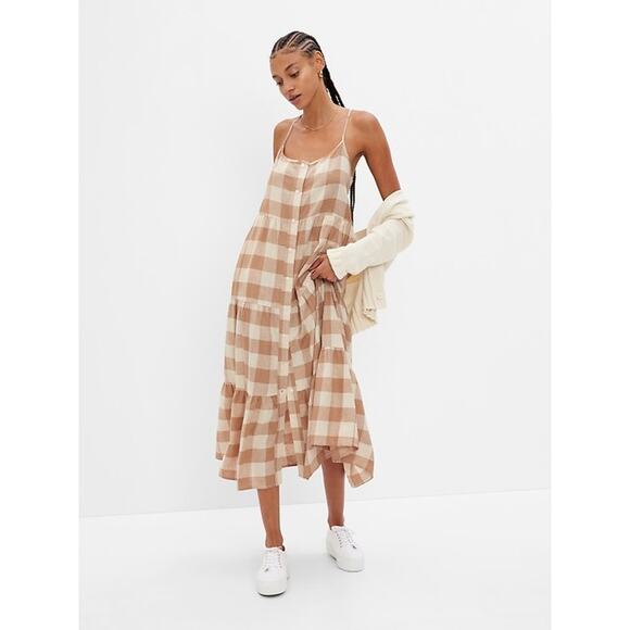 GAP Dresses & Skirts - Gap Linen Blend Button Front Cami Maxi Dress Beige Gingham Tank Button Front L
